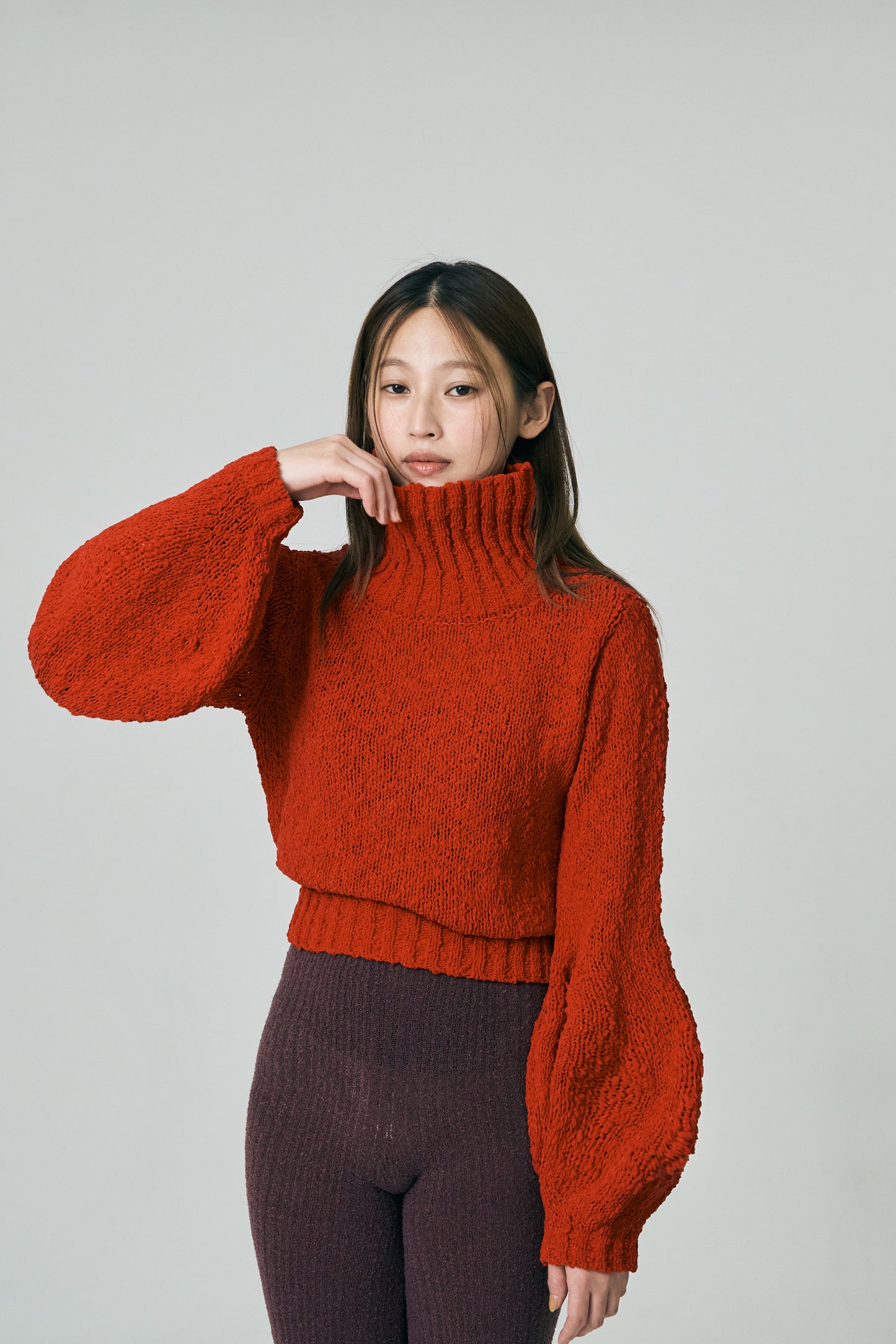 Wavy Yarn Balloon Sleeve Cropped Tops