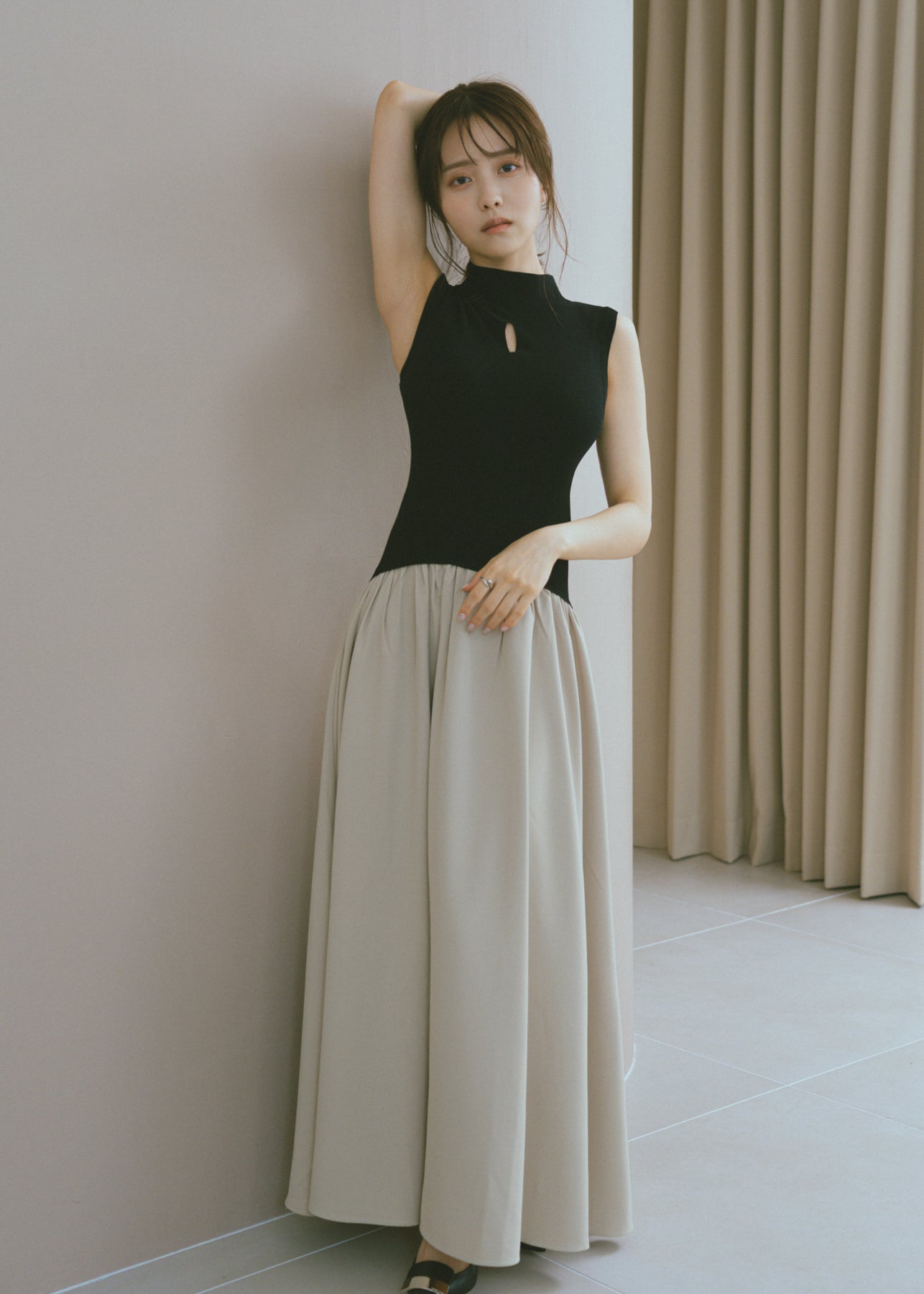 【新品】Cutout Knit Docking Georgette Dress Cutout Knit Docking Georgette Dress – VALLAN