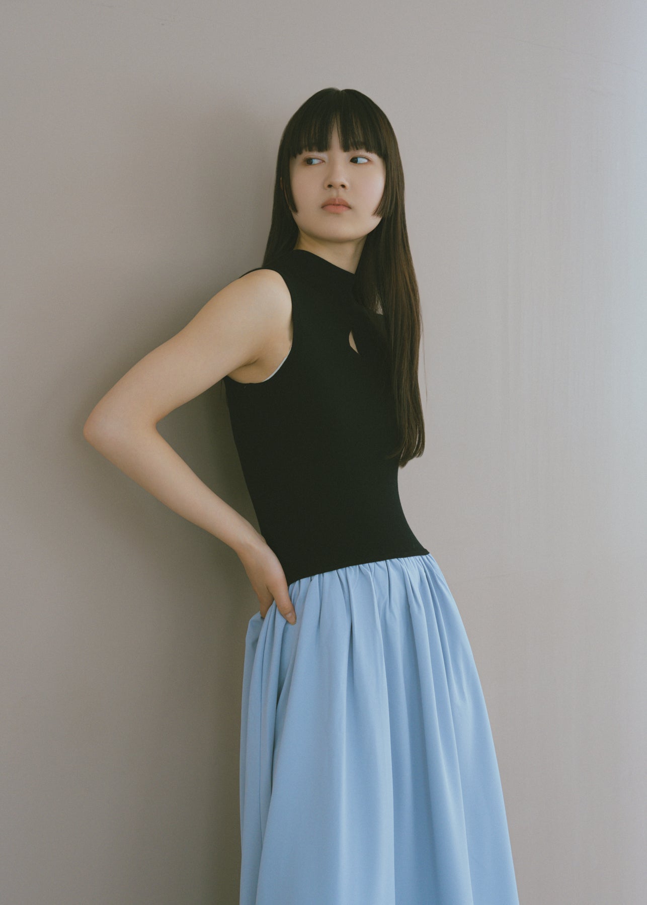 【新品】Cutout Knit Docking Georgette Dress Cutout Knit Docking Georgette Dress – VALLAN